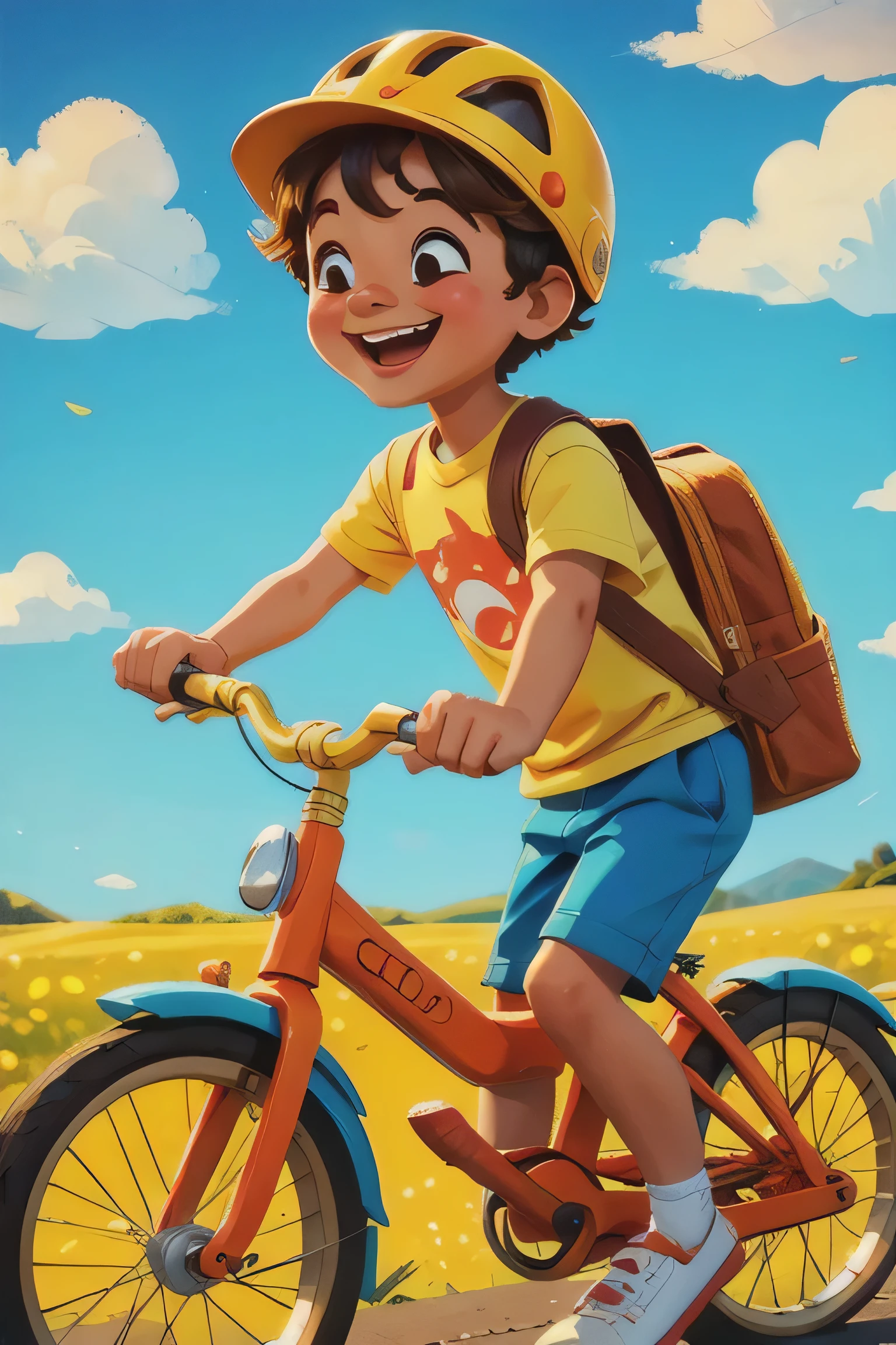 A cute illustration of a young boy riding his bright orange bicycle, smiling joyfully as he pedals through a cheerful, colorful landscape. The art style is whimsical and playful, with soft pastel colors and a cartoonish, childlike design. The boy is wearing a small helmet and casual clothes, with a sense of fun and  in his expression. The background features soft, rolling hills, fluffy clouds, and a bright blue sky. The scene captures the innocence and energy of childhood, with a light and happy atmosphere. natural light, 35mm photograph, film, professional, 4k, highly detailed, Golden hour lighting. Depth of field F2. Rule of Thirds Composition.
