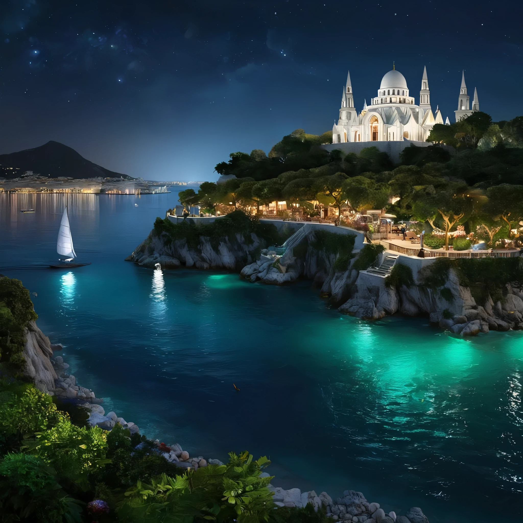 night time panoramic shot of an elven city with towers and gardens, concept art, byzantium city of trade, an ancient elven coastal port city, emerald glass crystal domes, muslim hindu temples, docks, market, traders, longship, piers, elvish sailing ships, thriving market full of people, busy streets, ancient roman greek port city, Mediterranean crystal ocean, white marble and emerald domes, night lighting, realistic island archipelago, elven architecture, seaside,  elven alien towers, ancient atlantean myan temple, formal gardens, french gardens, manicured gardens, spires, tropical luscious plants and flowers, hanging vines, complex and intricate architecture, (white marble Ziggurat), (ancient greece), vibrant colors, highly detailed, masterpiece, 4k, 8k, artstation, deviantart, highly detailed, magical, mystical, hyperrealism, dark night sky