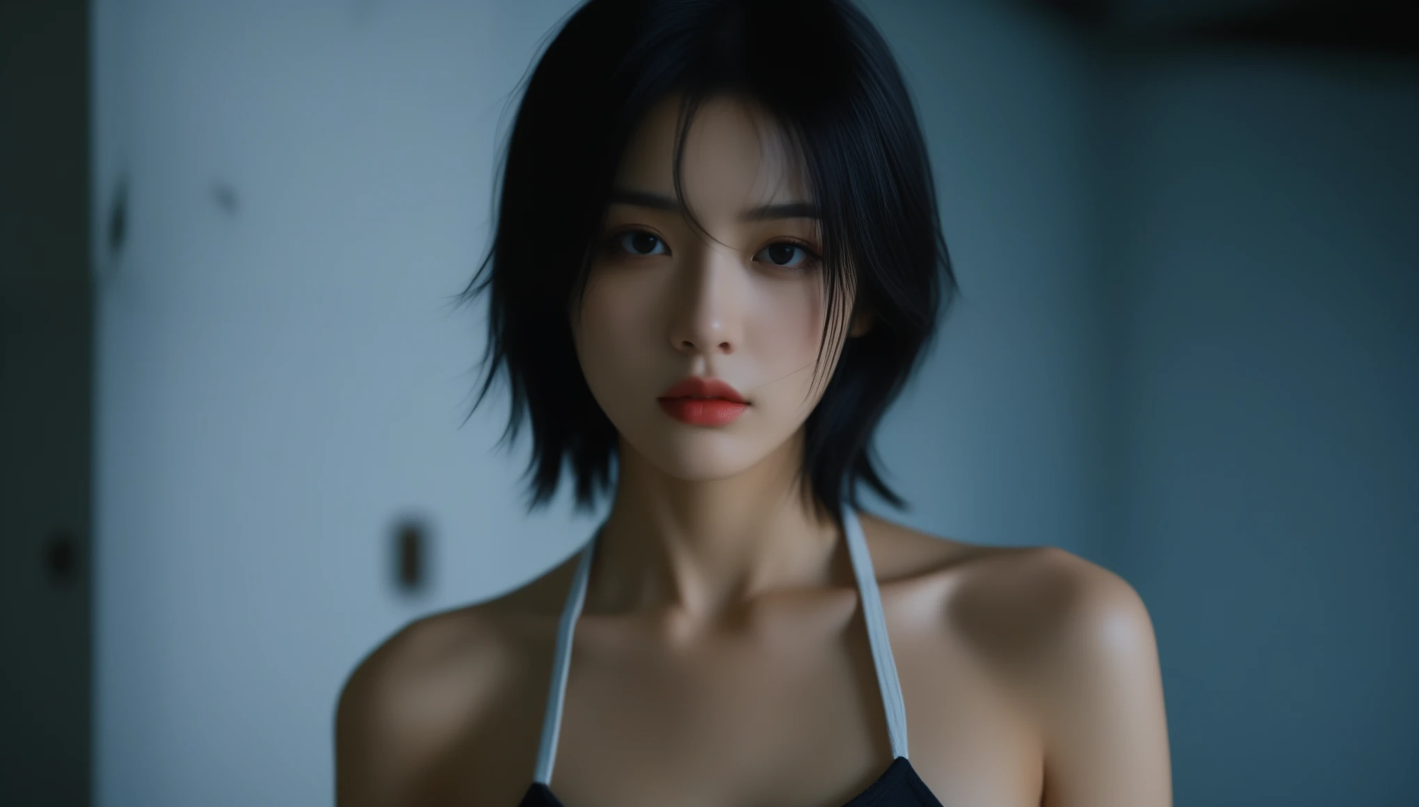 8k, Ultra-high resolution, Highest quality, masterpiece, 三分割法によるphotograph,Surreal, photograph, 1 , (:1.3), cute, cute顔, 細部までBeautiful Eyes, 細かくdetailedに,masterpiece,One Girl:1.2,Japanese women,Female jailer,upper body,glaring,Black hair,Side undercut,ID photo, Brutal Cyberpunk Woman,In a dilapidated building,(Military Fashion:1.3), Are standing, (Post-apocalyptic scenarios:1.2),Expression of despair,Dark and atmospheric lighting,Subtle details, detailedな顔,anger,Attractive eyes,(ポートレートphotograph:1.4),(Photorealistic images:1.4),Fantasy art,(Beautiful Face:1.4),美しくAttractive eyes、Beautiful Eyes,Silver residue,(Tight waist:1.4)、(Beautiful with perfect body proportions:1.4),Red lips,profile,(((Ideal body type))),A-cup small breasts :2,、Portraiture:2、Perfect Anatomy、鮮明なdetailed、detailed,Fashion magazine cover,Thin lips,完璧でBeautiful Face ,完璧でcute顔, Skin with attention to detail, Perfect limbs、Narrow waist,Surreal,Light and shadow,spotlight