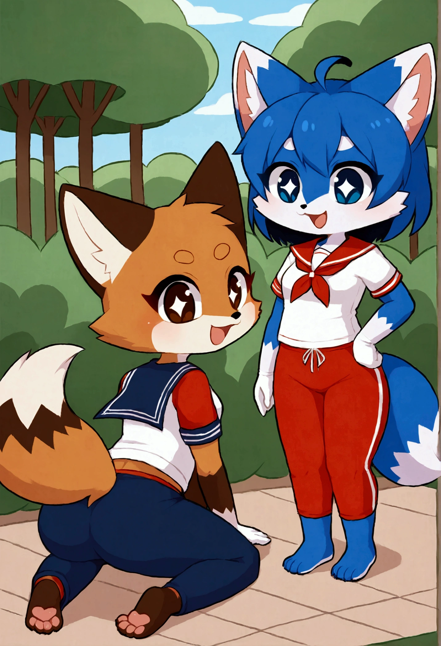 boy and girl, squirrel, furry, bodyfur, tail, collar, bra, bottomless, gloves, boots, chibi, sparkling eyes, idol, hair bow, happy, full body, penis, testicles, park, some perfect pussy, side by side, hug