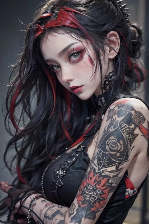 top-quality、8K、​masterpiece：1.3、Gothic punk、Red inner color、A grey dark-haired、hair adornments、a beauty girl、creative、punk shirt、Neogos、Goth Fashion：1.2、high resolution、​masterpiece、top-quality、headw:1.3、((Hasselblad photo))、Fine-grained skin、Sharp Focus、(lighting like a movie)、walking Tokyo night under the neon the back, forehead open, 19 years old、Brush your hair back、Shoulder Bare、1 small Red rose tattoo in the décolletage