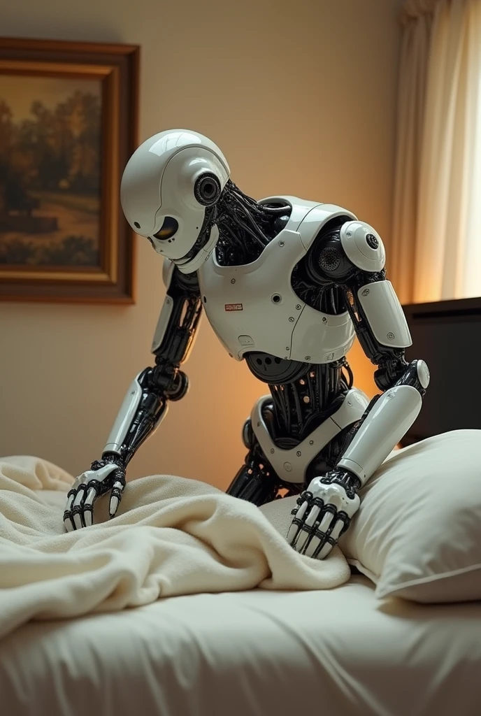 1 girl, Arcee, combat robot, mechanic body, bedroom, fat ass, wide hips, curvy, huge breasts, tall robot, faceless, full body, voluptuos, masterpiece, ultra high quality, detailed hands, detailed body, lying against the bed, hand on head, cinematic picture, bikini