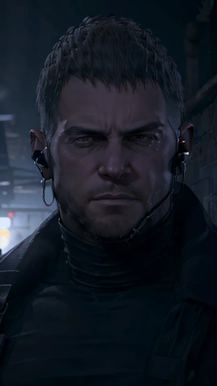 Dark gothic village in the background, old Chris Redfield from Resident Evil 8, 4, muscular male, tall and hunk, black cold turtleneck, straps, earpiece, beard, handsome face, deadpan, video games style, high resolution:1.2, best quality, masterpiece, dark nightime, dark atmosphere, volumetric lighting, shadow, potrait, face close up, lôking at viewer