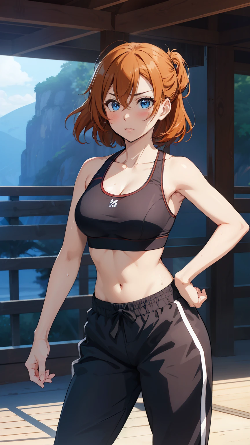 (masterpiece, 最high quality, high quality), whole body,Volumetric lighting, figure, beautiful, Perfect lighting, Perfect Shadow, (Nice views:1.1), Blushing, In-person audience, Are standing,Honoka Kousaka, blue eyes, Orange Hair,Empty-handed,White Karate Custom, Big Breasts, 発Sweat, 、Serious、Desperate、A moment of battle、Sweat、Type、defense、passive、Defend and parry、Thighs、clavicle、Sports Bra、Toned body、