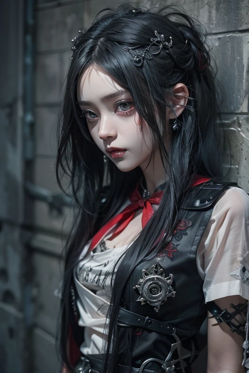 Highest quality、8k、masterpiece：1.3、Gothic Punk、The inside color is red、Gray Black Hair、hair ornaments、Beautiful girl、creative、Dark Fantasy Style、Neogoth、punk shirt fashion：1.2、High resolution、masterpiece、Highest quality、頭w:1.3、((Hasselblad Photos))、Fine skin、Sharp focus、(Cinematic lighting)、Realistic texture