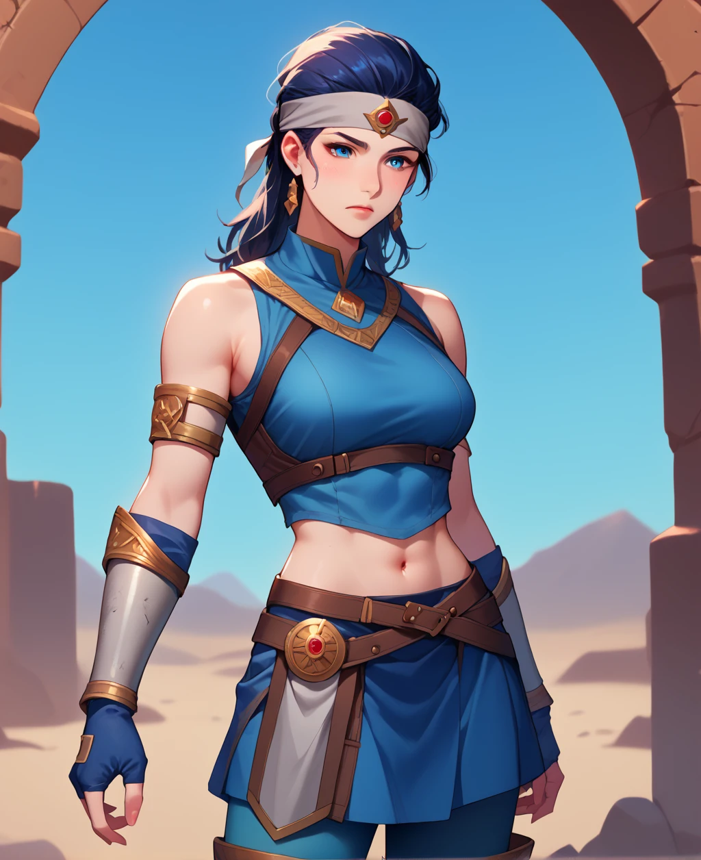 score_9, score_8_up, score_7_up, score_6_up, source_cartoon, girl , desert AhsS7, grey headband || Outfit1, blue shirt, sleeveless, vambraces, fingerless gloves, hip armor, blue skirt, blue leggings, knee boots, (10_years old:1.6)