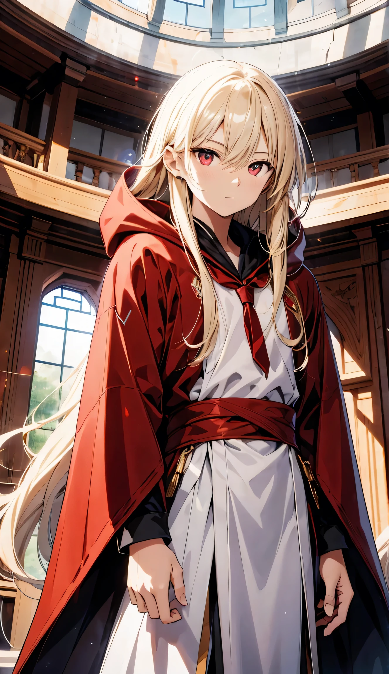 Confused, High resolution, (Official Art, beautifully、aesthetic:1.2), (Close a view:1.2), Front configuration, high quality、masterpiece、Blonde smooth long hair、Red eyes、one of the、alone、Shining Aura、Please wear a white robe and hood、Sparkling amber eyes　Background of the School of Magic