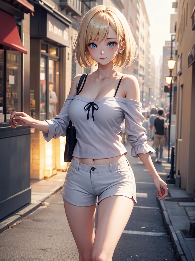 2D Anime Style、Blue eyes、Beautiful shining eyes, (Talented lo-fi:1.3),breasts are slightly larger、high and beautiful nose,Beautiful face with slender contours,A cool adult woman with short blonde hair and an angry expression looking up...................、Biting your lip,Teeth are slightly visible,Fashion that shows your stomach and cleavage, he is wearing a shirt and shorts。。。。。。..,walking down the streets of america,