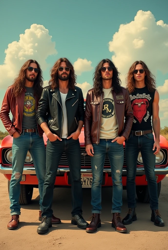 4 mens with long hair ,80s outfit fashion style,rockers, retro style ...