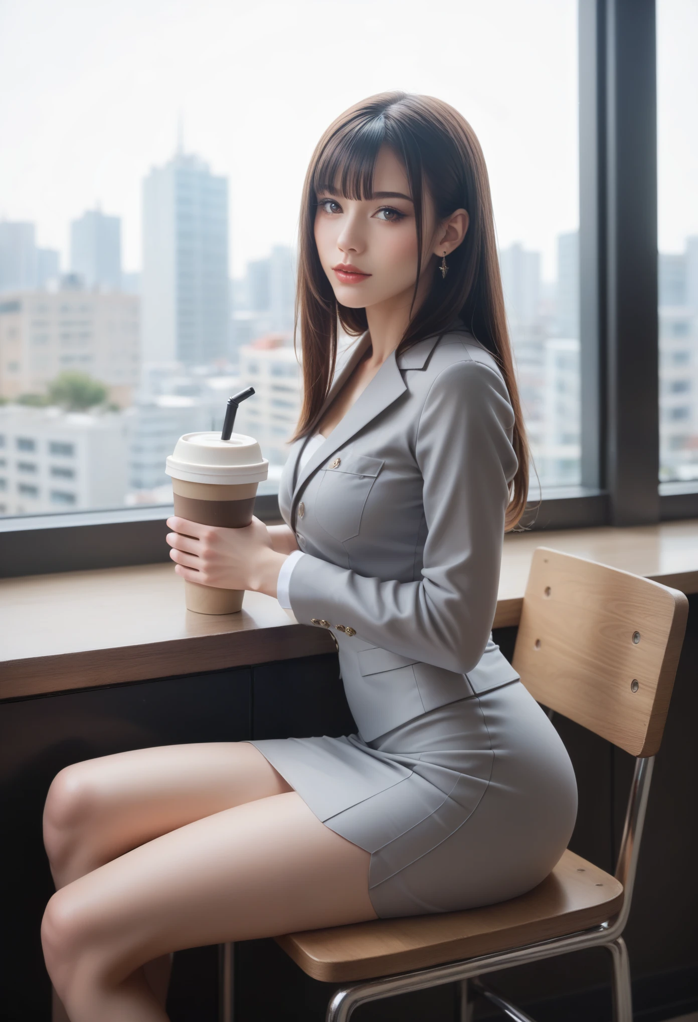 Coffee Shop, ((masterpiece, Highest quality, Best image quality, High resolution, Realistic, RAW Photos, 8k, Highly detailed CG synthesis 8k wallpaper)), (Huge and stunning goddess shot, Very hot and sexy, Incredible beauty, Perfect Proportions, Beautiful body, Slim body beauty:1.4), Glass-walled coffee shop, paper cup of coffee in one hand, woman sitting on chair facing outward at counter by window, wearing gray suit and tight skirt, open-fronted, sitting with legs open, other customers gathered around, looking through window, “coffee” written in neon tube on wall on the wall,