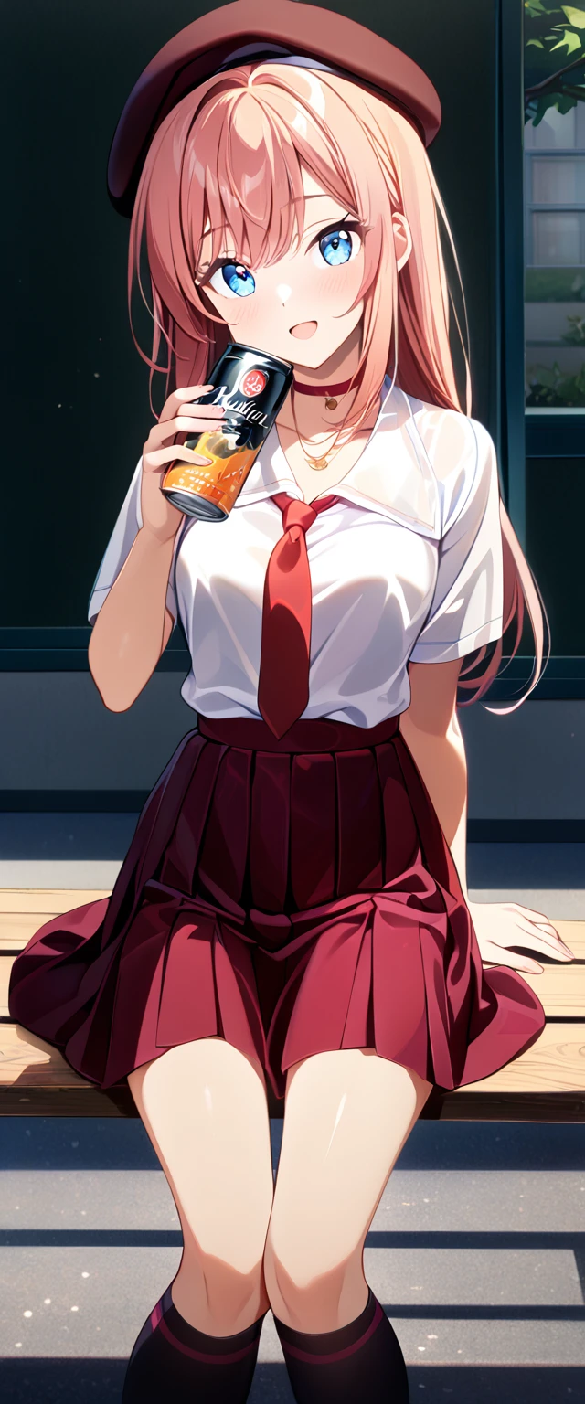 (masterpiece, Highest_quality), Highly detailed CG Unity 8k wallpaper, Ultra-fine illustrations, (anime_style), A woman taking a photo, A shy smile, small open mouth, Long Hair, Straight hair, Fine skin, Beautiful Hands, Beautiful fingers, Wearing a beret, tie, Small breasts, Short sleeve blouse, Pleated skirt, Thighs, Absolute area, Knee socks, Daytime, Hot summer day, School, Schoolyard, Sit on a bench, holding Canned juice, Natural light, Detailed face:1.2, Sharp focus, Hasselblad Photos, masterpiece, light makeup, Cinema Lighting, 4K, Sharpness, animestyle, whole body, Canned juice, 