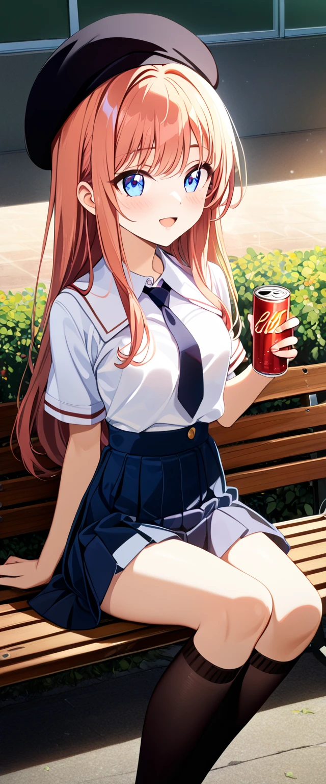 (masterpiece, Highest_quality), Highly detailed CG Unity 8k wallpaper, Ultra-fine illustrations, (anime_style), A woman taking a photo, A shy smile, small open mouth, Long Hair, Straight hair, Fine skin, Beautiful Hands, Beautiful fingers, Wearing a beret, tie, Small breasts, Short sleeve blouse, Pleated skirt, Thighs, Absolute area, Knee socks, Daytime, Hot summer day, School, Schoolyard, Sit on a bench, holding Canned juice, Natural light, Detailed face:1.2, Sharp focus, Hasselblad Photos, masterpiece, light makeup, Cinema Lighting, 4K, Sharpness, animestyle, whole body, Canned juice, 