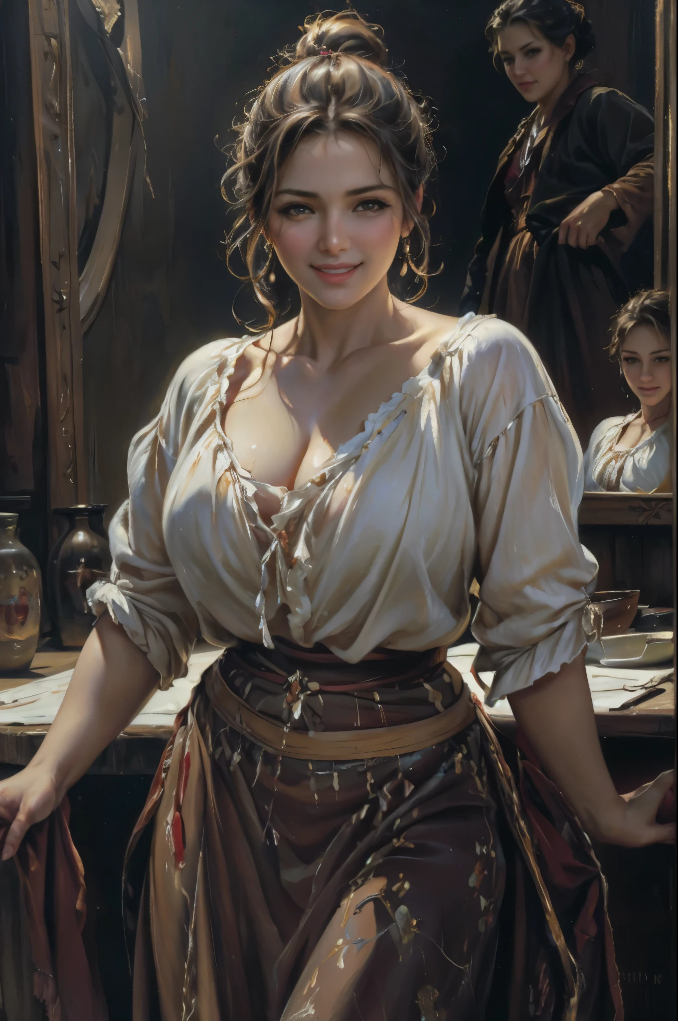 Beautiful painting of the Renaissance period, beautiful blonde woman looking here and smiling, so great quality, braided hair, white dress, oil painting, big breasts, noble,