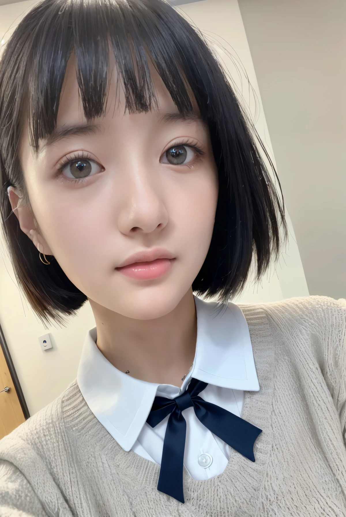 (8k,RAW Photos, Highest quality, masterpiece:1.2), (Realistic, photo-Realistic:1.37),One girl,Japanese girl、１２age、、Close-up of face、Short-sleeved uniform、Black Hair、wearing colored contact lenses、Light-coloured contact lenses、Cute smile、studio、Light blue background、