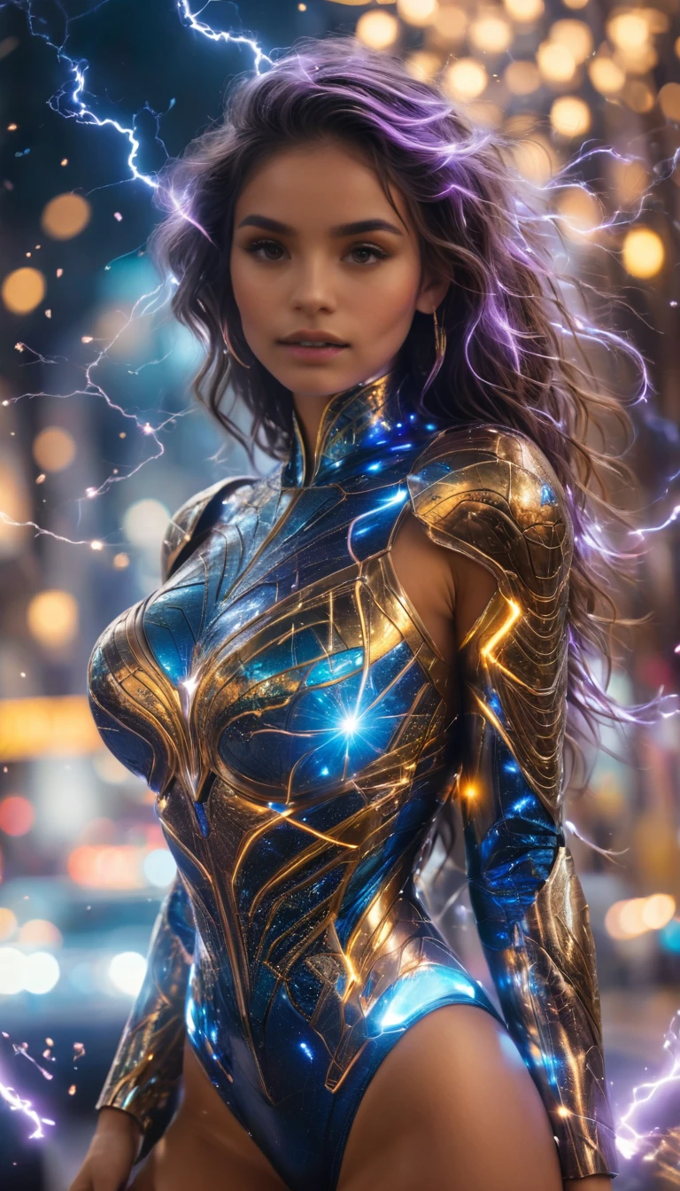 "Official Art, Unity 8k Wallpaper, Masterpiece, Best Quality, Fantasy, Ultra Detail, Full body shot, (Dynamic Angle), (Very Detail), Ultra High Definition, 8k UHD, (light rayer:1.05), Light Particles, Magic Effects swirling around her, Detailed Skin Texture, (illustration:1.05), (detailed light:1.05), (ultra-detailed:1.1), Solo, Latina Adult film actress Daisy Marie, 34dd breasts, nipples, abundant cleavage, hovering mid-air with a mystic aura. Eyes: deep electric blue that seem to harbor storms within, surrounded by dark eyelashes and soft glowing eyelids. Attire: a delicate balance of steel armor intricately designed, combined with soft silken fabrics that flow with her every move. Crown: made of steel, glistening with a metallic sheen, adorned with intricate patterns. Hair: long, flowing like live electricity. Holding an intricately designed hammer, emerging before a striking bolt of lightning, realistic light setting, (realistic)."
