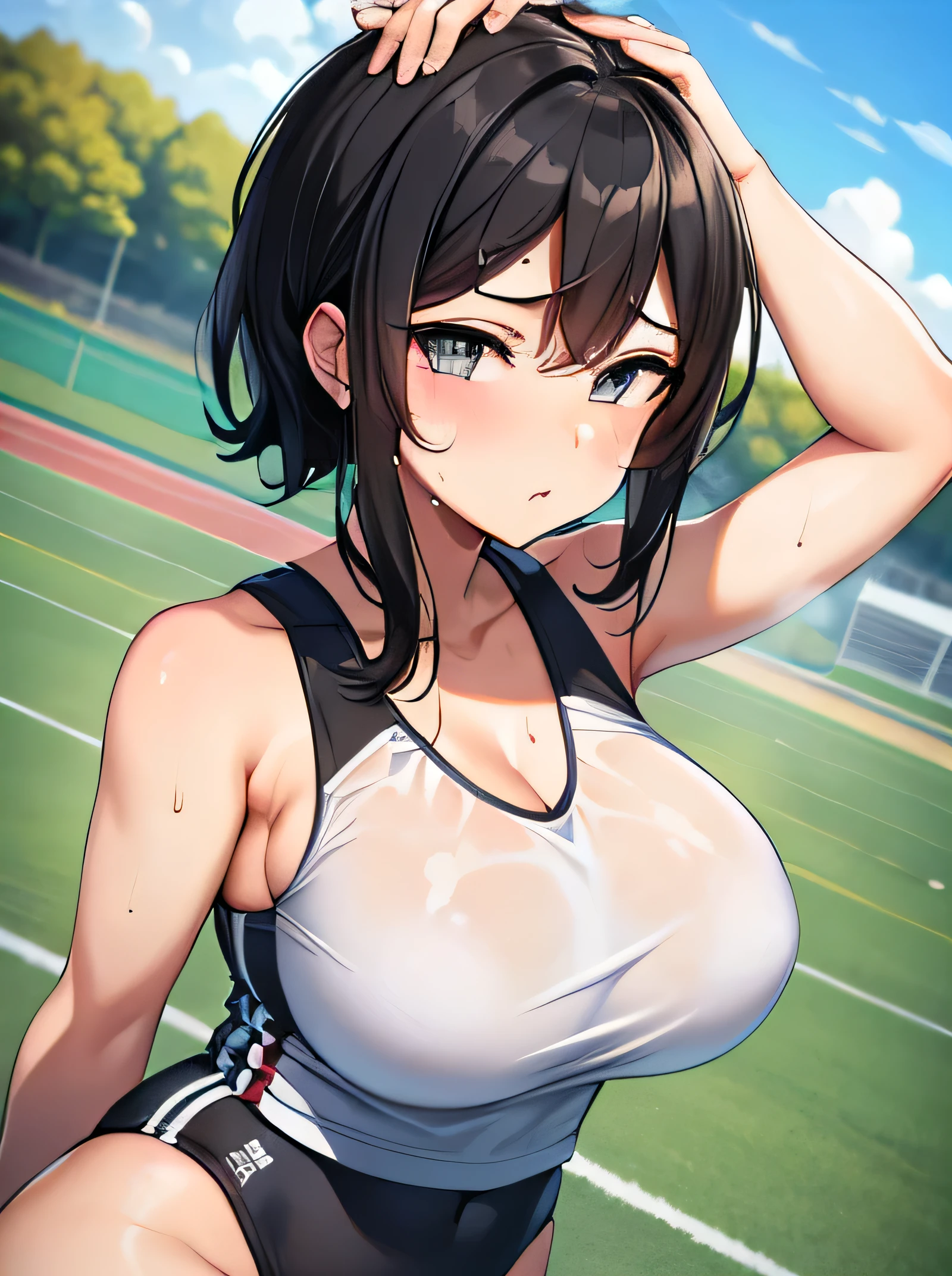 NSFW、very cute and beautiful girl,Very thin body、Model body type、(Highly detailed beautiful face), (((全身にSweatをかく))),(((Sweat)))、(((Sweat臭い)))、(((Body odor)))、blush,((Black Hair、short hair、Pink highlights on the inside)),((Gal、Medium chest)),((Track and field athlete))、((Low Angle、Dynamic Angle)),  (Highest quality,masterpiece:1.0),Very detailed,32K,8k resolution, Intricate details,Movie Scenes,Detailed Background,Dynamic Angle,(((Love juice drips from the crotch)))、(Athletics Stadium)、(((Fallatio)))、Serious expression、((((The vagina is completely visible))))、(((pubic hair)))、(((Completely naked)))、(((tears、Drooling)))