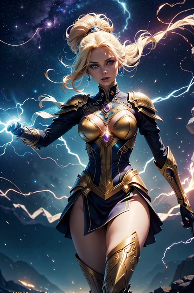 1 beautiful woman "Charlize Theron"，(Caucasian skin)， fire storm, Lightning in the hand, a skirt,glowing light eyes，light in eyes,Magic Circle, Exaggerated energy, lightning, fantasy concept art, Surrealist, by Walter Crane, (best quality, masterpiece, Representative work, official art, Professional, Ultra intricate detailed, 8k:1.3),Amidst the vast expanse of the cosmos, a captivating sight emerged. Behold, the enchanting image of a Yellow-haired Alien Princess, her radiant mane cascading down like sunrays, as she stood in the heart of an ethereal meadow. Her ethereal gown shimmered with hues of gold and amber, gracefully billowing in the gentle galactic breeze, revealing her lithe form. In her hand, she cradled a scepter, its tip crackling with the raw power of electricity. As her violet eyes flashed, displaying the intensity of her lightning abilities, her visage radiated strength, Amidst the twinkling stars of an unknown galaxy, an armored alien princess with short yellow hair and electrifying powers stood on the edge of a crater. Her armor shimmered under the celestial light, reflecting a spectrum of colors that filled the nightsky with an ethereal glow. Her eyes flashed menacingly as bolts of lightning danced around her fingers. She clenched her fists, readying herself for battle. Her posture was regal, her expression determined. The crackling electricity in the air seemed to respond to her every command. A sense of awe-inspiring power emanated from her every move. Her hair danced wildly around her. Laughing maniacally at the viewer as she attacks.,Lux from the game League of legends as a super powerful
