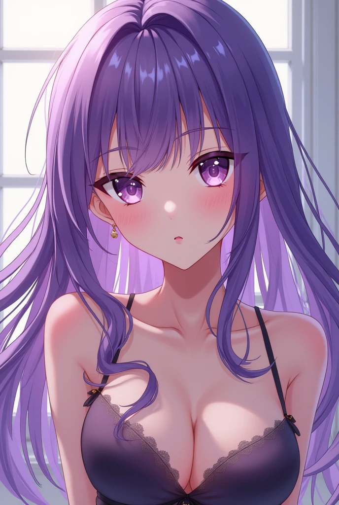 ((best quality)), ((masterpiece)), (detailed), perfect face. Asian girl. Purple hair. Purple eyes. Topless. Medium breast.