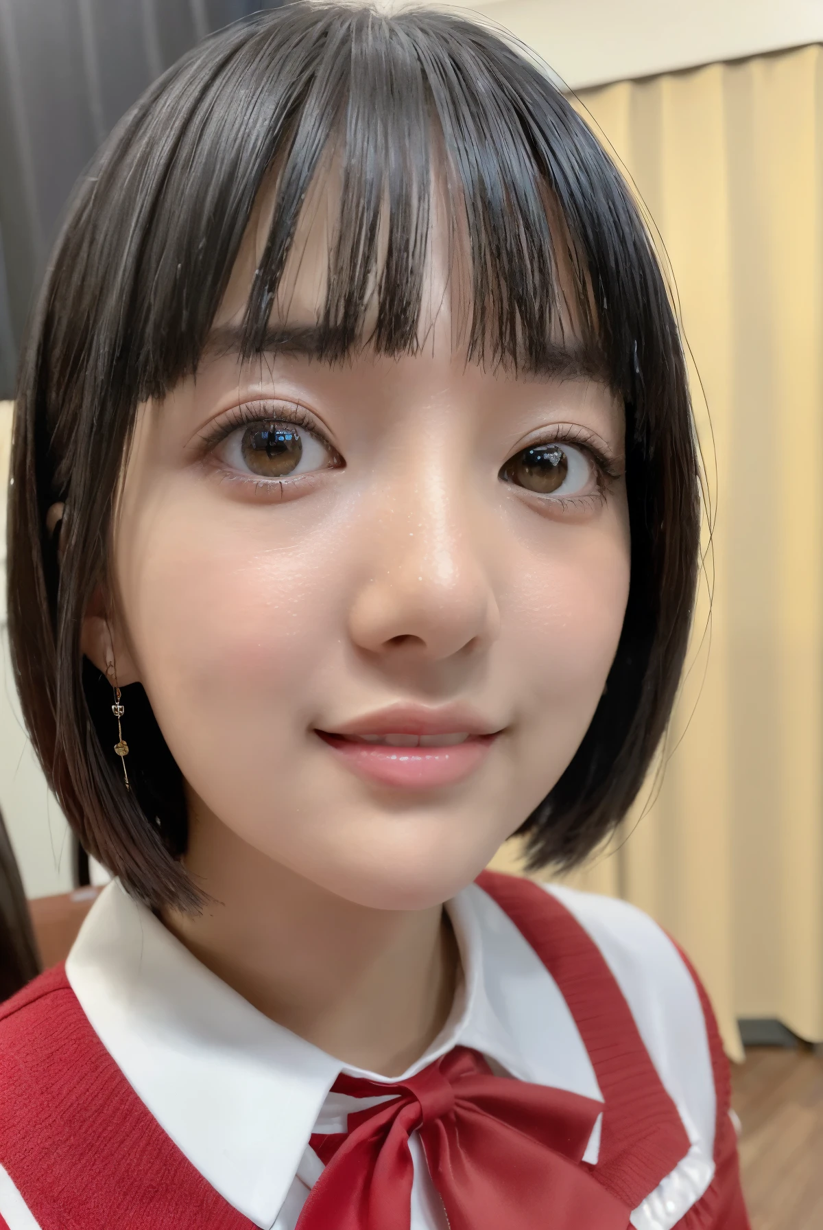 (8k,RAW Photos, Highest quality, masterpiece:1.2), (Realistic, photo-Realistic:1.37),One girl,Japanese girl、１２age、Middle school students、Close-up of face、Short-sleeved uniform、Short hairstyle, black hair、Wearing red colored contact lenses、Crimson contact lenses、Cute smile、studio、Light blue background、