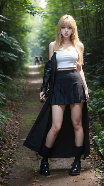 Busty women，Blunt bangs，Thighs，blonde，Voluminous long hair that reaches down to the waist，Wavy long hair，Slim figure，((School uniforms long enough to reach the ground))，Tube top，Black long skirt，A wooden replica sword(Carrying on the shoulders)，Walking through the woods towards the camera，