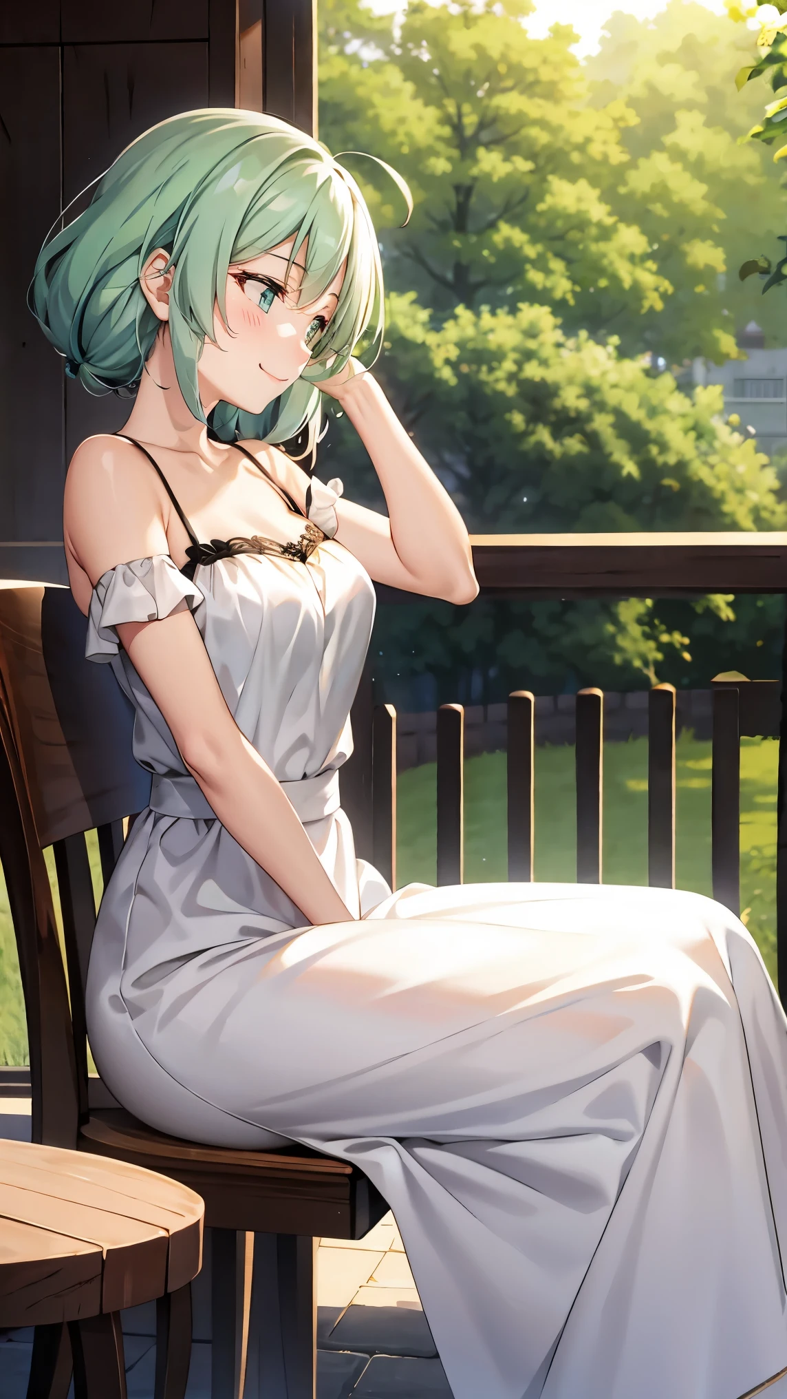 Shoulder-length green hair, Small size breasts, Small breasts、Green Eyes, 、(((Ladylike))),The whole body from head to toe、Feminine clothing、、smile、((profile))、、Elegant、、Well-groomed appearance、、beautiful、Afternoon tea、Stylish cafes in the city、、Take a seat at the counter、、Thinking deeply、Tying up your hair、Reading