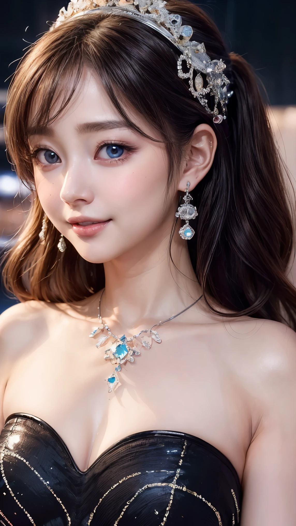 (4k quality:1.3),(Highest quality:1.3),(Whitening:1.4),(Baby Face,Girl:1.3),(The best beauty:1.5),rich,Upper Body,smile,(tits:1.5),(Black strapless bejeweled dress:1.3),(Different dimension:1.6),Overflowing breasts,(jewelry),Captivate a man,Cleavage,(Super Celebrities:1.5),(Supermodel:1.4),(Whitening:1.2),(Tight waist:1.4),(Night viewの良いホテル:1.1),(luxury:1.2),(Arisa Hanyu:1.5),(anorexia:1.4),(Night view:1.3),(Face close-up),Catchlight,(Child&#39;s face:1.6),(smile:1.1),(Light blue hair:1.3),(Half Up Hair:1.3),(Light blue eyes:1.4),(2D cuteness:1.5),(Cute Makeup),Beautiful fingertips,(Sexy and cute:1.6),(Luxury hotel:1.6),(White Gal:1.6),(Transparent white skin:1.4),(albino:1.5),(Lighting hits the subject:1.3),(barefoot、Thighs:1.5)