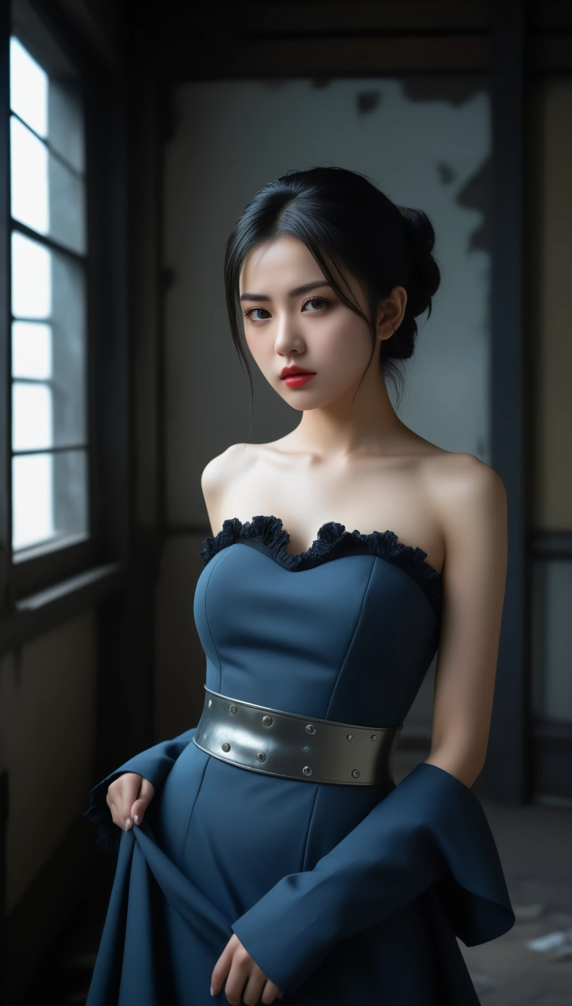 8k, Ultra-high resolution, Highest quality, masterpiece, 三分割法によるphotograph,Surreal, photograph, 1 , (:1.3), cute, cute顔, 細部までBeautiful Eyes, 細かくdetailedに,masterpiece,One Girl:1.2,Japanese women,Female jailer,upper body,glaring,Black hair,Side undercut,ID photo, Brutal Cyberpunk Woman,In a dilapidated building,(Rococo dress meets military uniform:1.3), Are standing, (Post-apocalyptic scenarios:1.2),Expression of despair,Dark and atmospheric lighting,Subtle details, detailedな顔,anger,Attractive eyes,(ポートレートphotograph:1.4),(Photorealistic images:1.4),Fantasy art,(Beautiful Face:1.4),美しくAttractive eyes、Beautiful Eyes,Silver residue,(Tight waist:1.4)、(Beautiful with perfect body proportions:1.4),Red lips,profile,(((Ideal body type))),A-cup small breasts :2,、Portraiture:2、Perfect Anatomy、鮮明なdetailed、detailed,Fashion magazine cover,Thin lips,完璧でBeautiful Face ,完璧でcute顔, Skin with attention to detail, Perfect limbs、Narrow waist,Surreal,Light and shadow,spotlight