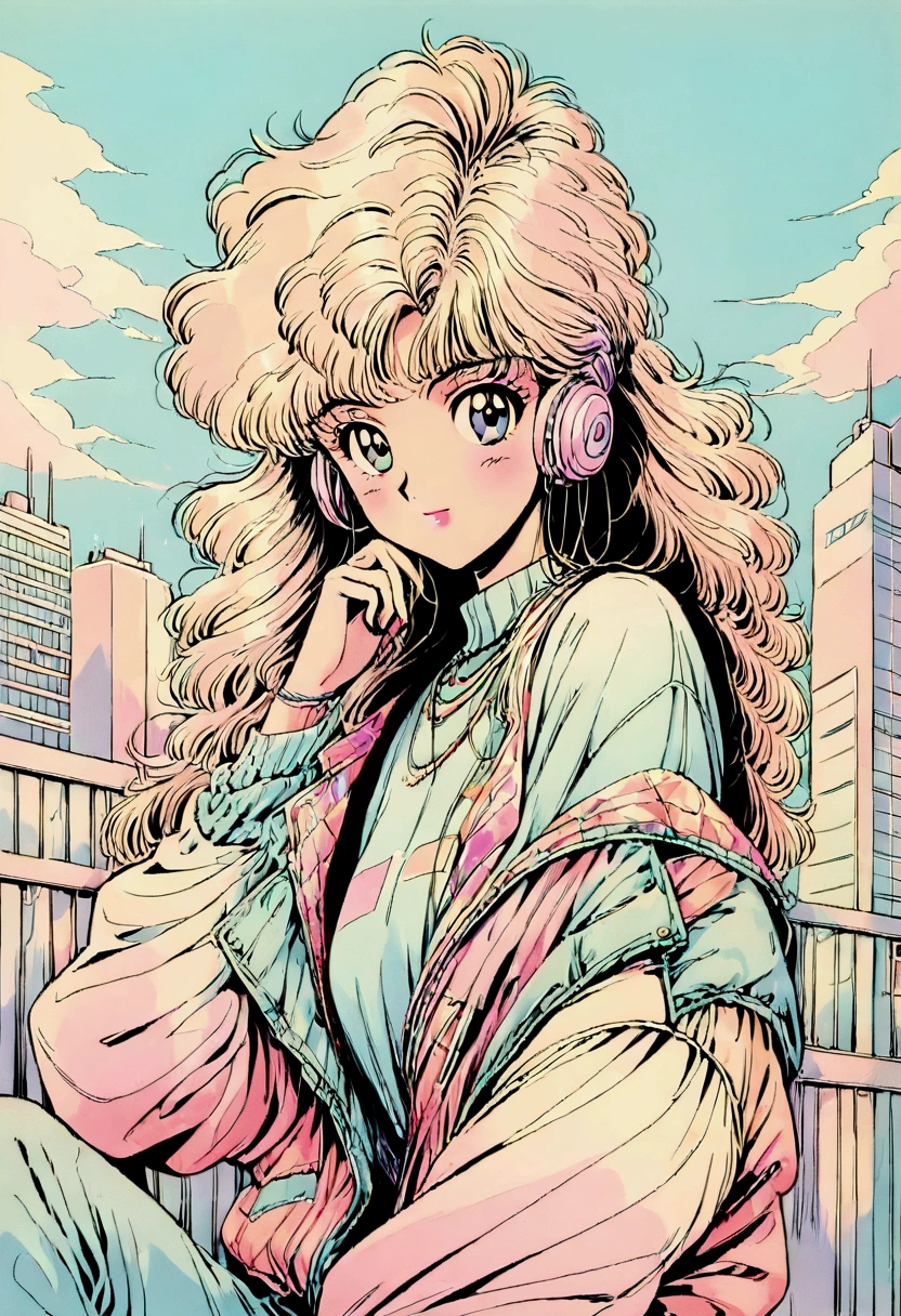 Observe every detail perfectly,(80's, retro, City Pop:1.5), (Album cover), (masterpiece, Highest quality), (アニメ, figure), (pastel colour:1.4), Best Photo Poses, Dynamic Angle,girl, alone, A perfect eye for detail, Delicate face, Tokyo, High Fashion, DJHeadphones,Headphones,Blue sky and clouds,Smiling girl、sit,Vivid background