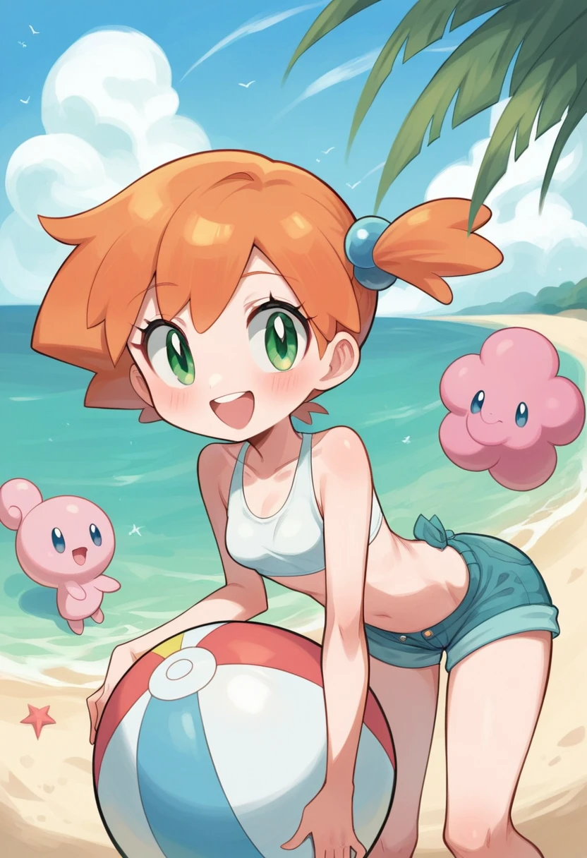 Misty_pokemon , Berry Short,Orange Hair, one side up hair ,Big green eyes,Small breasts,Skinny . draw popplio playing with her on the beach. smiling, beach ball, beach, cute image, cute moment, kawaii, cute ,Pokémon popplio 