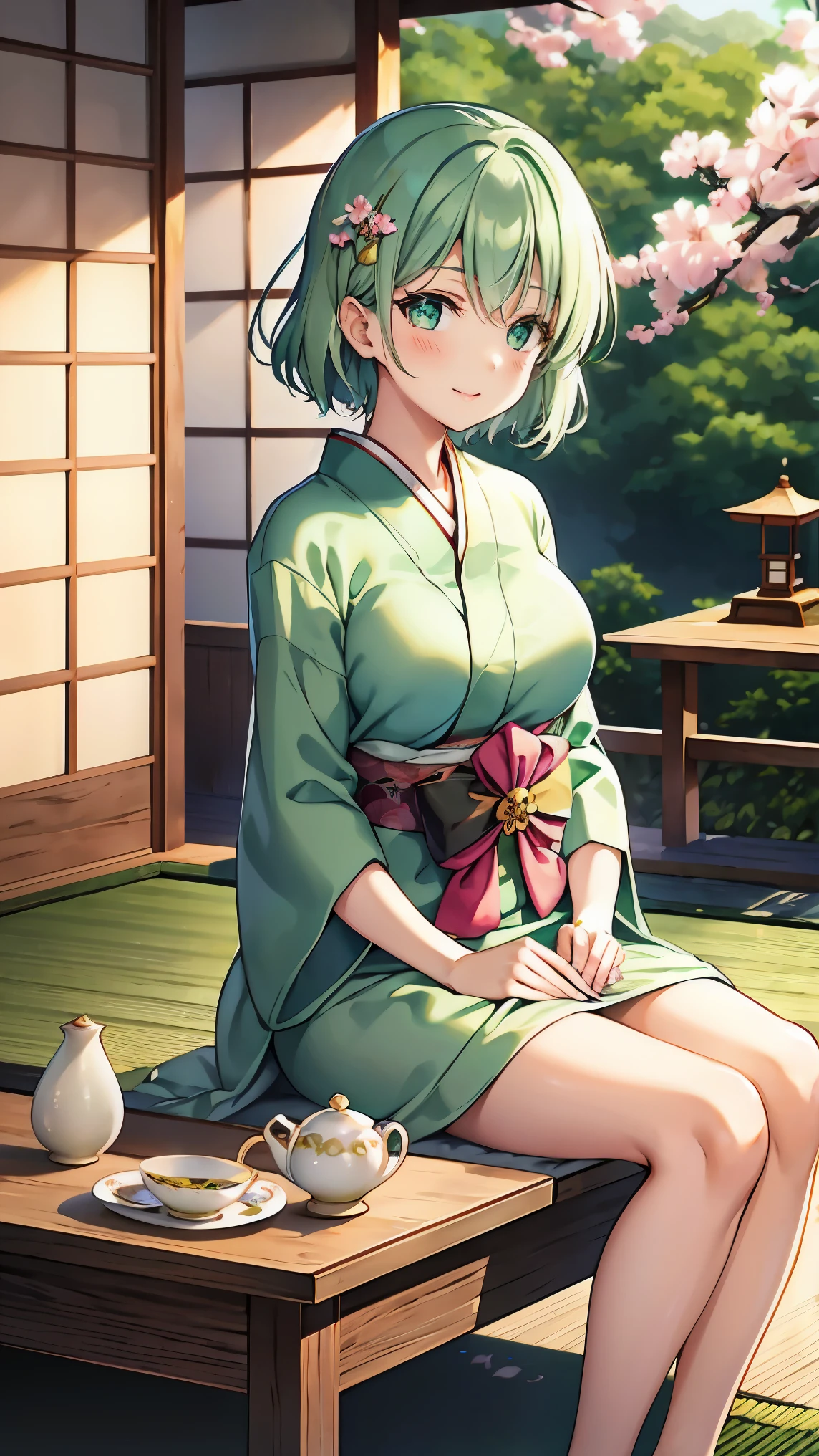Short green hair, Small , Green Eyes, White Casual Beauty Special、(((tits))),Full body photo from head to toe、Kimono、Patterned Japanese clothing、Cherry tree in full bloom、Fluttering petals、Tea Ceremony、Graceful Manners、Tea party、Chatting in a Japanese-style room