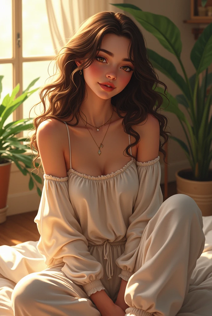 (Photorealism:1.2), Beautiful woman, Sitting on the bed, She is wearing a loose off-the-shoulder top., Pajama pants, Long Curly Hair, indoor, Soft lighting, Background plants, Window with sunlight, Cozy rooms, Relaxed pose, Realistic, Intricate details, Warm colors, Greg Rutkowski, Alphonse Mucha