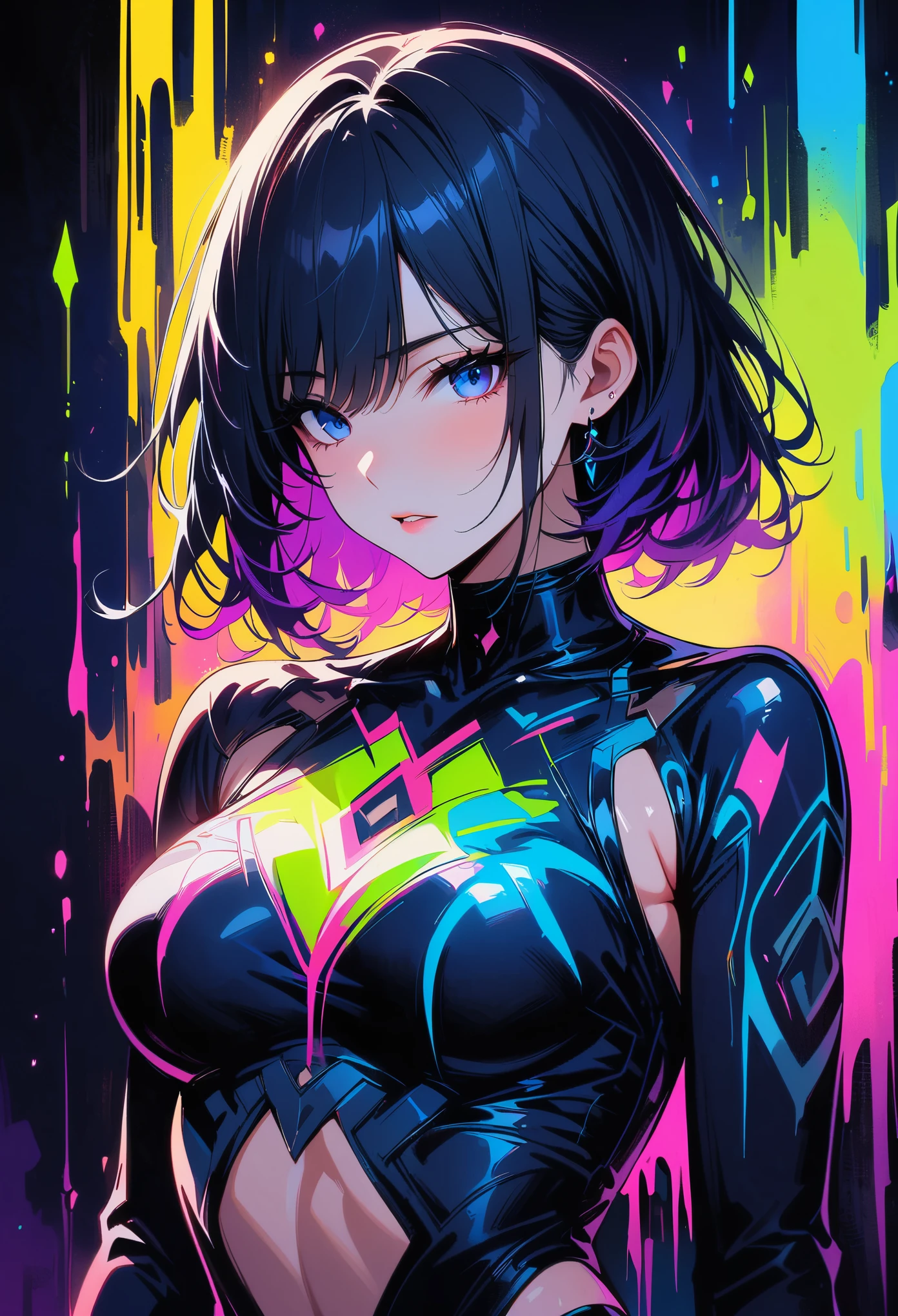 1girl, wlop, (blindfold), breasts, cleavage, cleavage cutout, dress cutout, green background, hair between eyes, headband, high resolution, juliet sleeves, long sleeves, nier (series), nier automata, fluffy sleeves, red lips, shadow face, short hair, solo, turtleneck sweater, upper body, l blue hair, sky, white fox ears, white fox tail, nine-tailed fox,
