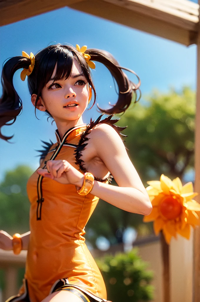 (masterpiece, best quality:1.2), solo, 1girl, ling xiaoyu, slight smile, fighting stance, twintails, chinese clothes, orange china dress, white shorts, sleeveless, jewelry, bracelet