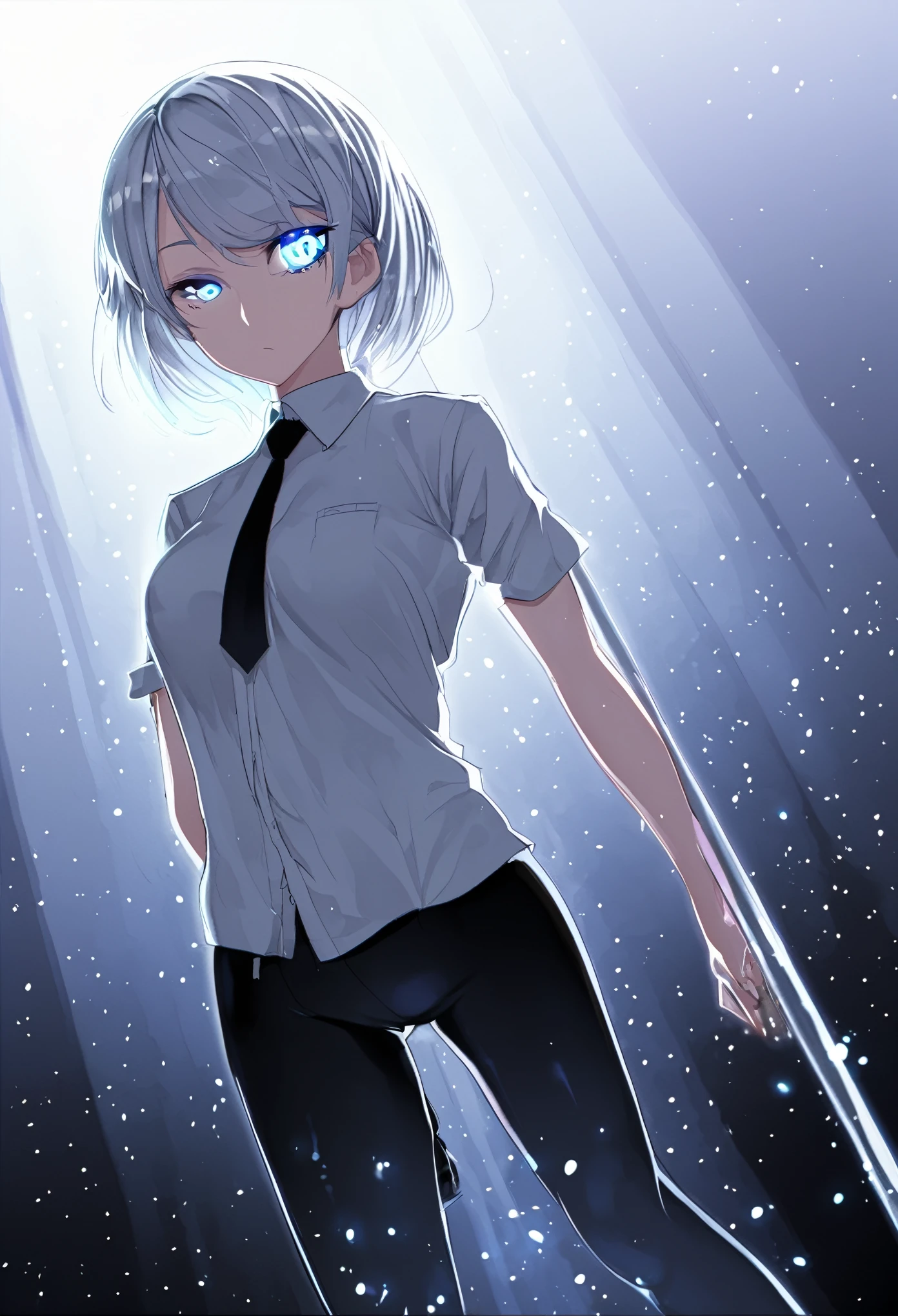 Short hair, straight hair, not tied up, silver hair, heterochromatic eyes, left eye color: red, right eye color: blue, expressionless, tight fitting white shirt, black tie, early 20s, cute girl, medium breast size, humanoid android with artificial intelligence, background: black digital world, sea of electrons, white light particles dancing around, angle: from the front