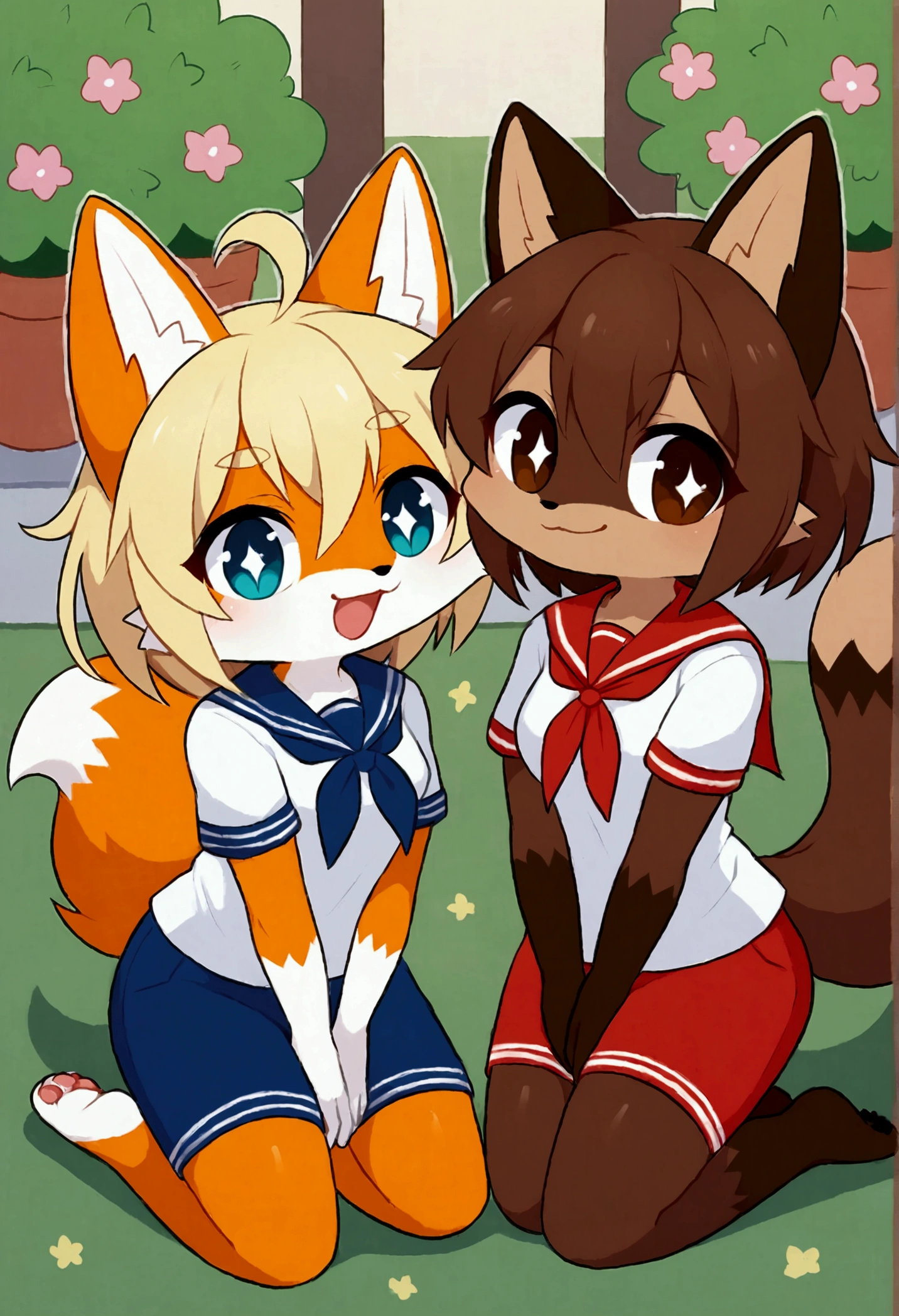 2 females, fox and raccoon, Furry, beastman, animal hair, tail, sailor suit, short sleeve, Jersey pants, long pants, gloves, barefoot, sole