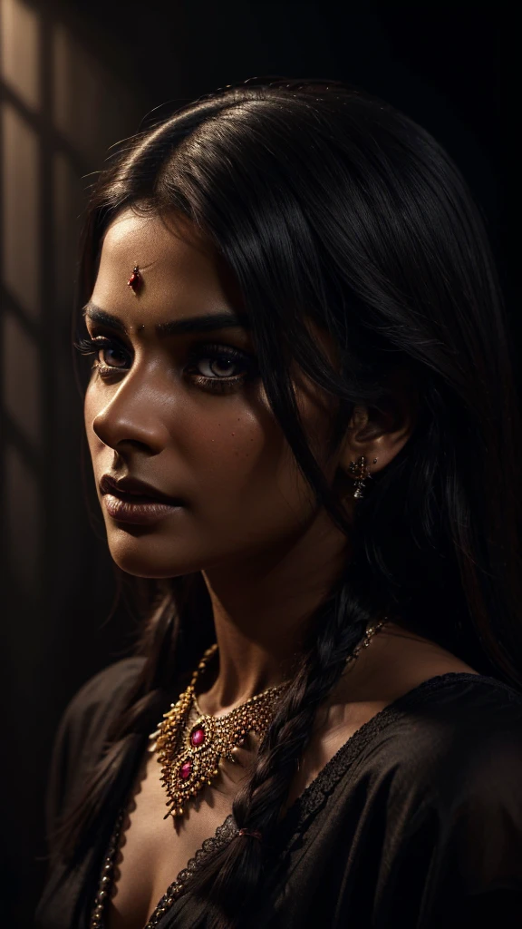 an indian girl, unique face, sharp nose, long light brown hair, extreme realistic face, no ornaments, a dark hallway in the background, night shot, elegant dress, 4k, 8k, ultra realistic, skin texture, hair texture,