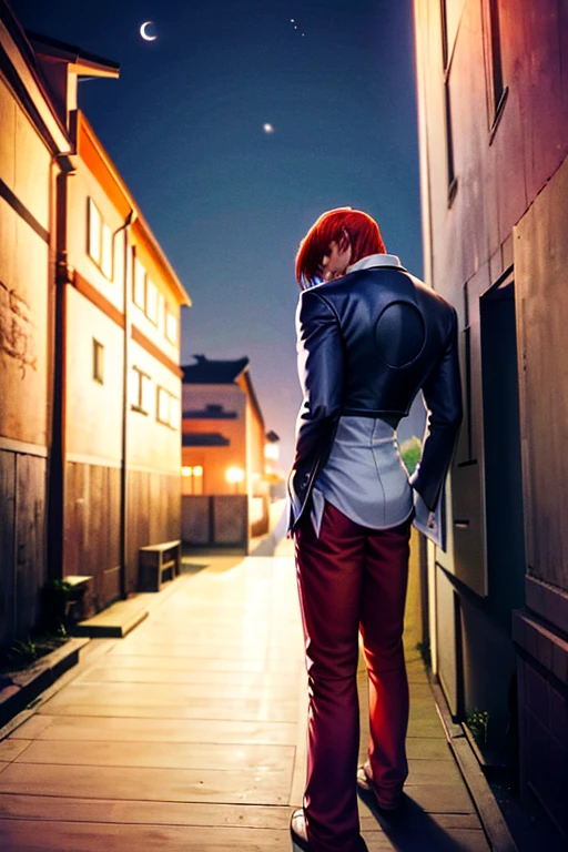 profile, Back Alley, Gazing Upward, Midnight, Crescent Moon, Red hair, Male, 30 years old,１people, Long, red eyes, Sharp Eyes, Narrow eyes, Cold expression, narrow one’s eyes, Moody Lighting