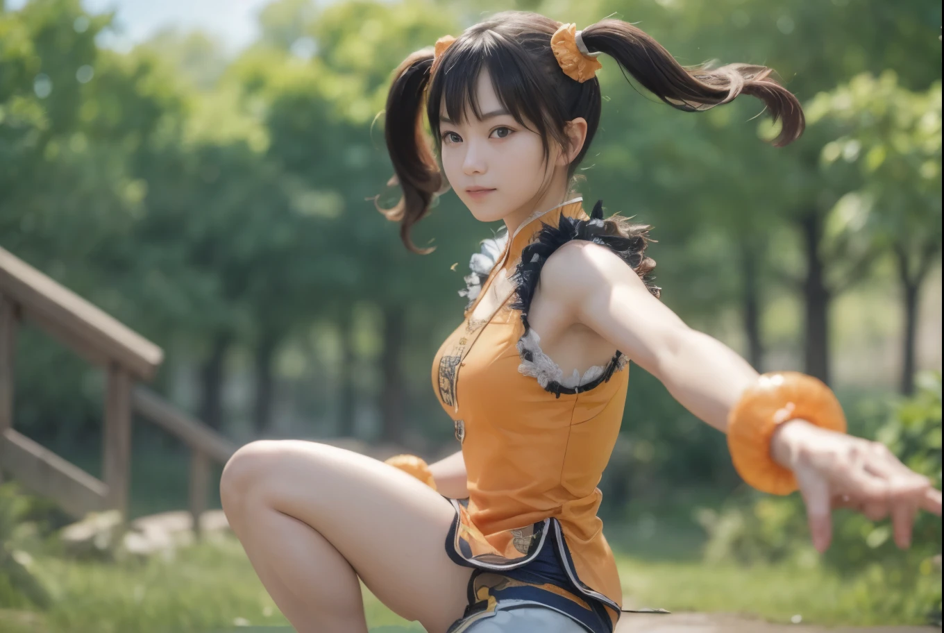 (masterpiece, best quality:1.2), solo, 1girl, ling xiaoyu, slight smile, fighting stance, twintails, chinese clothes, orange china dress, white shorts, sleeveless, jewelry, bracelet