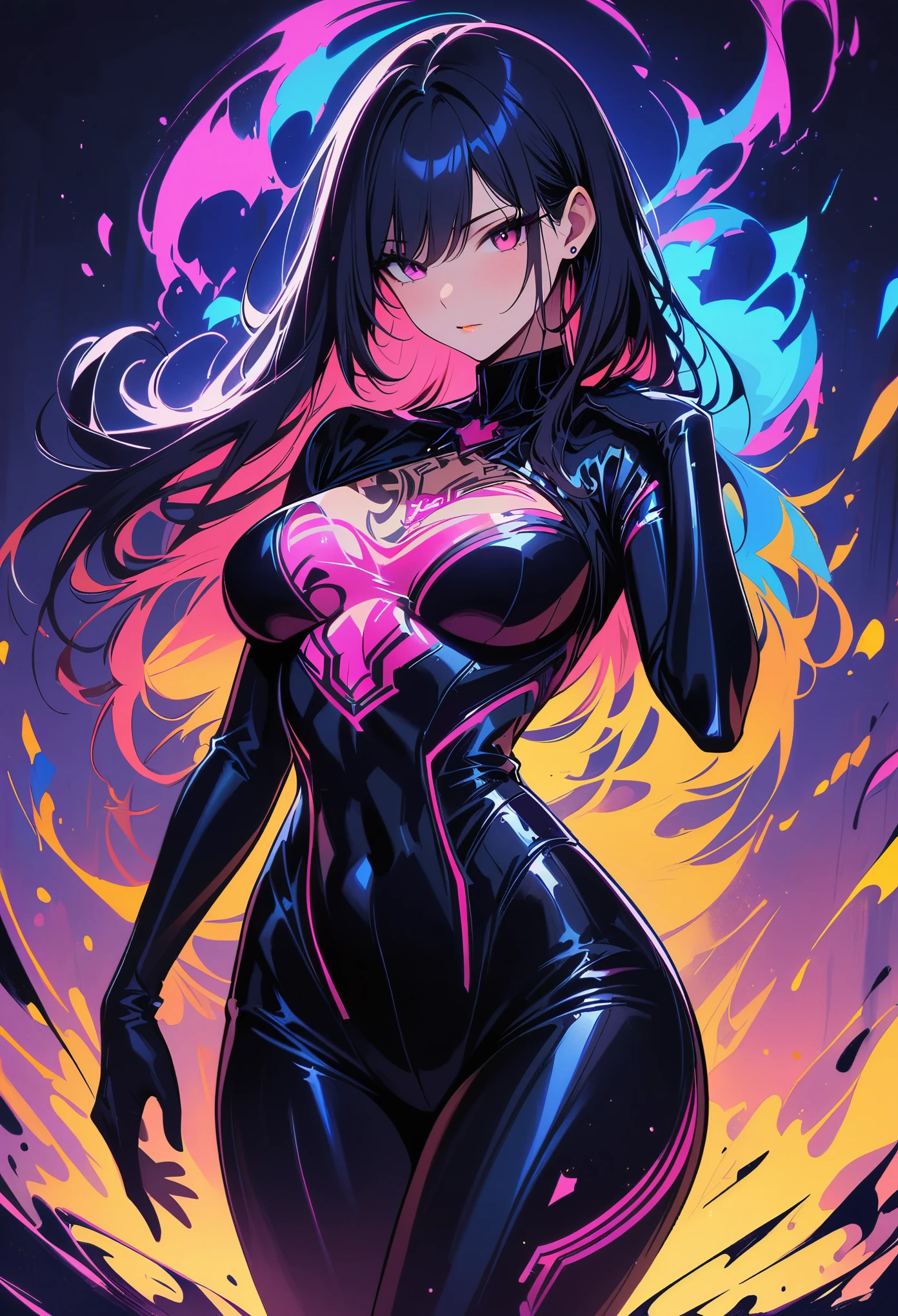 (masterpiece, best quality:1.3), 8k, official art, raw photo, absurdres, girl, (black hair, sleeveless, shiny black cyber body suit, lines on body, slender, arch back, spread legs:1.4), cowboy shot, sitting, thighs, ((glow:1.8)), (thick pink liquid dripping from body:1.6), pink bracelet, (embarrassed, scared:0.5), sharp focus, highres, ultra detailed, finely detail, extremely detailed, detailed eyes and face, sharp pupils, realistic pupils, black eyes, dark room