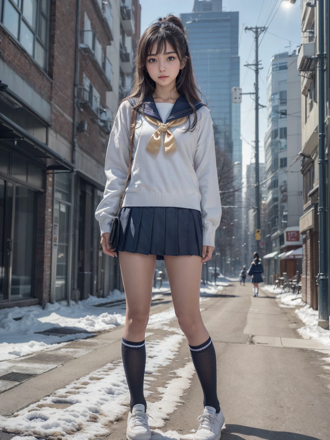 (in 8K、RAW Photos、top-quality、​masterpiece:1.2), (realisitic、Photorealsitic:1.37), ultra-detailliert, high resolution, (1girl in:1.3), a closeup, Raw feet,  japanese, (beautiful legs:1.3), (slender girl:1.3), a beauty girl, a cute girl, (Thin legs:1.3), (a sailor suit:1.3) , (high-school girl:1.3), JK, Ultra mini skirt, pleated skirt, Short socks, Tri-fold socks, white sock, Full body, (standing:1.2), winter, (city street background:1.2), (tanned_skin:1.3), (dark_skin:1.3), (roafer shoes:1.3), winter, snow,  light color hair, snow falling