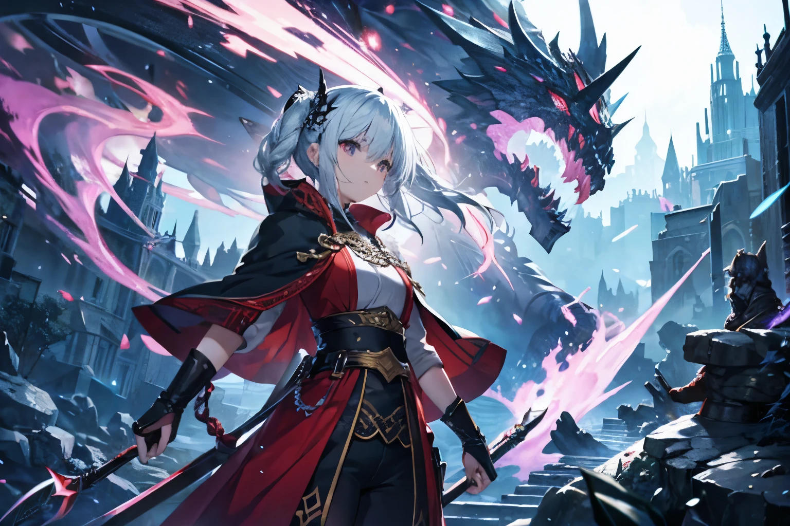 Slim and athletic build、((Metallic silver and deep crimson armor:1.6、Dragon scale pattern))、((Sharp, angular visor、Shining blue eyes、Small dragon-like horn))、(Long cloak with holographic effect)、High Tech Lance、Dark dystopian cityscape with neon lights and skyscrapers。High resolution、4K、Sharp images、Drawn with precision down to the last detail、Vibrant colors、Perfect lighting、Photorealistic、Visually striking、Noiseless。