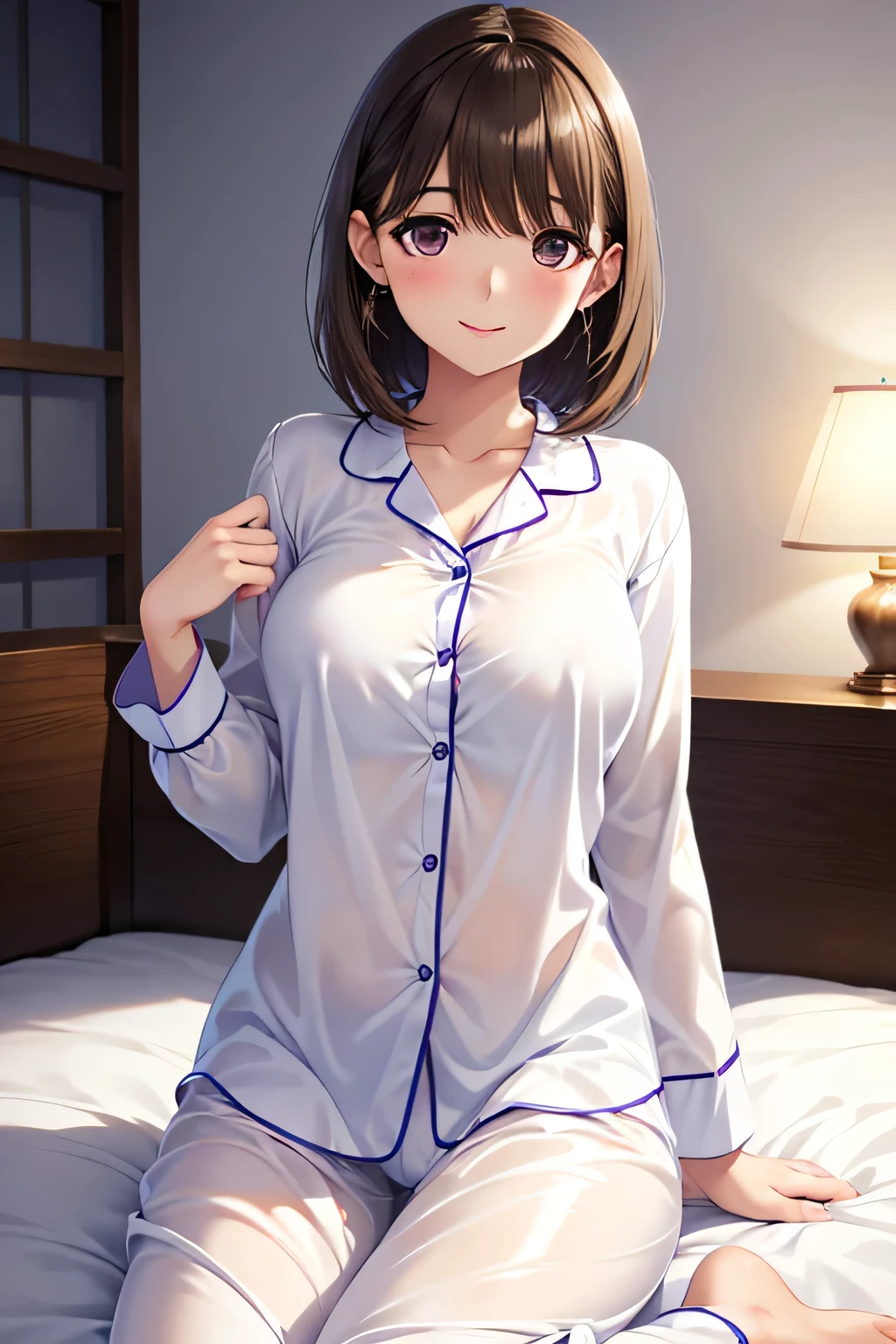 Nene Kasaki々、Shiny brown hair, short hair, (Beautiful brown eyes、Sparkling eyes, fine grain)、smile、Very fine eye、Highly detailed face, Highly detailed eyes,Cowboy Shot、
1 female, Large Breasts, Perfect body, Nipple-visible shirt, White satin pajamas, Love Pattern, Sitting, From behind, blush, smile, In the bedroom, Listen to me, , Transparent pajamas, Front view, ,
Cute girl anime visuals, Beautiful Anime Girls, Smooth anime CG art,
Official artwork, Fascinating anime ,