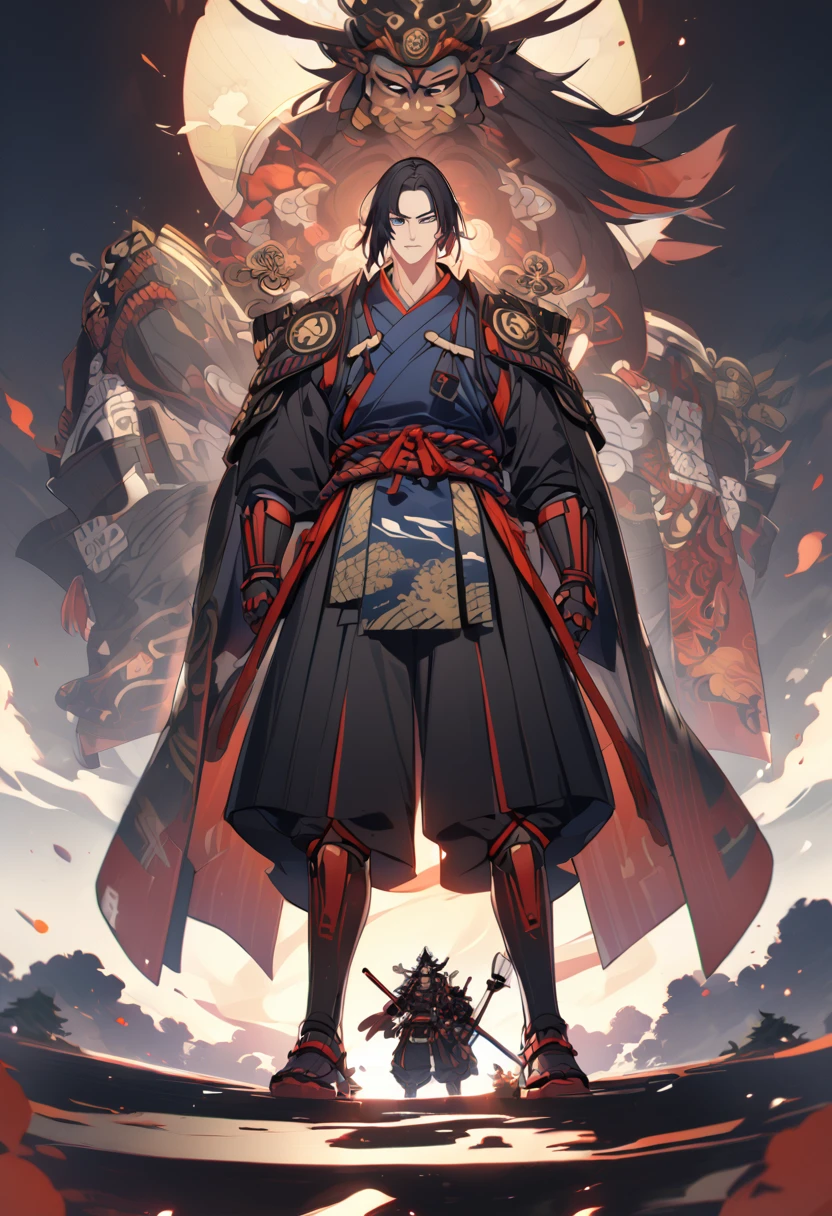 Tall guy with blue eyes, black hair, Samurai attire, deity