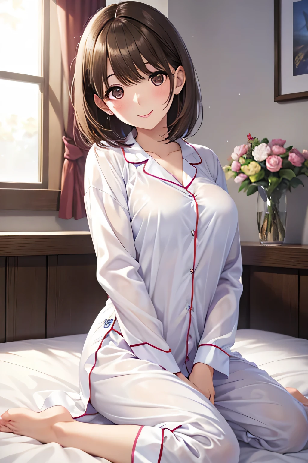 masterpiece, highest quality, High resolution,
One girl, alone,
Cute pink fluffy pajamas,Bedroom,
Shiny brown hair, short hair, Brown eyes、smile、Sparkling eyes, (Fine grain)、chest,
, Cowboy Shot, smile,夜の女の子のBedroom、,夜の女の子のBedroom、,夜の女の子のBedroom、,夜の女の子のBedroom、