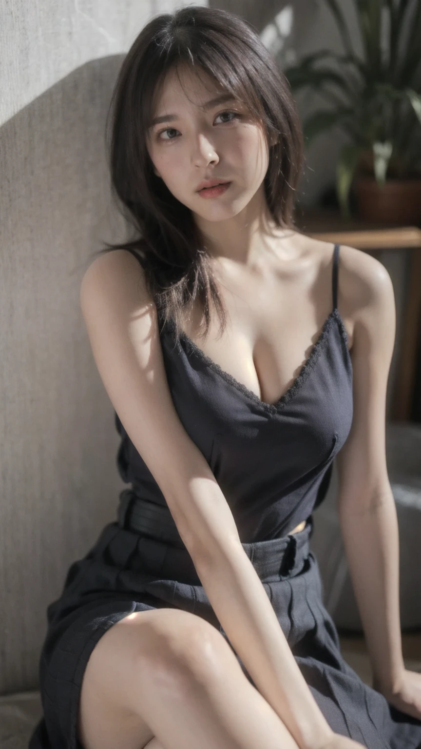 masterpiece, Highest quality,16k, Ultra-high resolution,The light and shadow of reality,Cinema Lenses,(Very skinny),(Very firm and beautiful breasts),((Her waist is slim and beautiful)),((Very small and firm beautiful ass)),((She has outstanding style)),(Pure white beautiful skin),(Pure white teeth)),((Large, clear, beautiful eyes)),((Her face is very small)),((Cute Japanese Girls)),((She is wearing a black lace miniskirt dress.)),((Sitting on a bench in a stylish cafe)),(Sexy pose),(Beautiful Eyes:1.1),Reflecting clear eyes and a gentle smile,