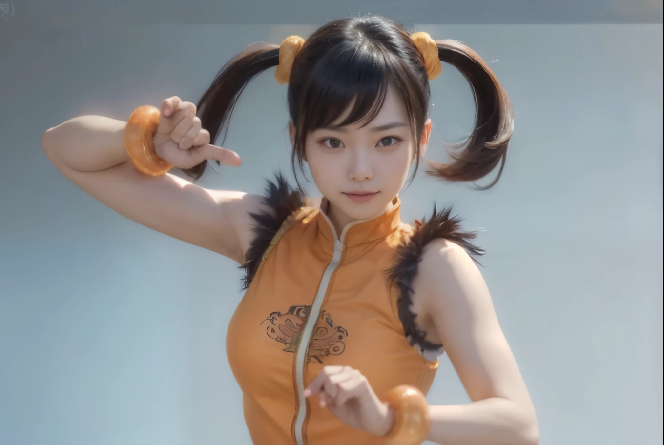 (masterpiece, best quality:1.2), solo, 1girl, ling xiaoyu, slight smile, fighting stance, twintails, chinese clothes, orange china dress, white shorts, sleeveless, jewelry, bracelet