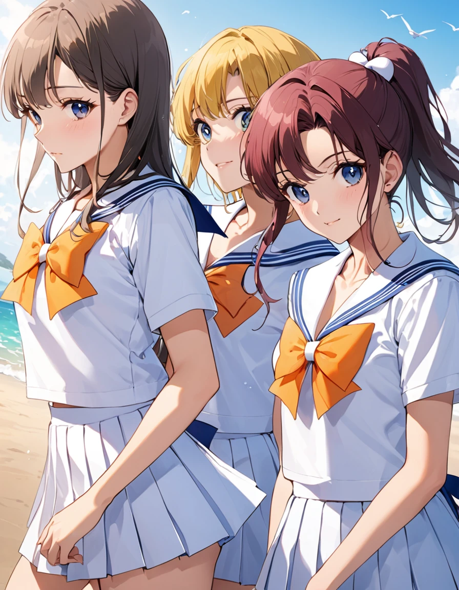 High school girls wearing summer sailor uniforms、