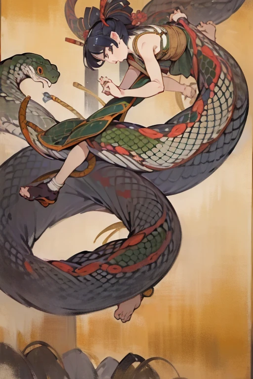 ((masterpiece)), ((High resolution)), ((Very delicate)), Japanese painting, Dynamic pose、Woman entangled by a giant snake
