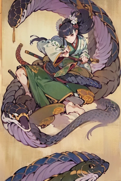 ((masterpiece)), ((High resolution)), ((Very delicate)), Japanese painting, Dynamic pose、Woman entangled by a giant snake
