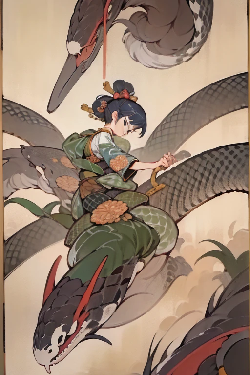 ((masterpiece)), ((High resolution)), ((Very delicate)), Japanese painting, Dynamic pose、Woman entangled by a giant snake
